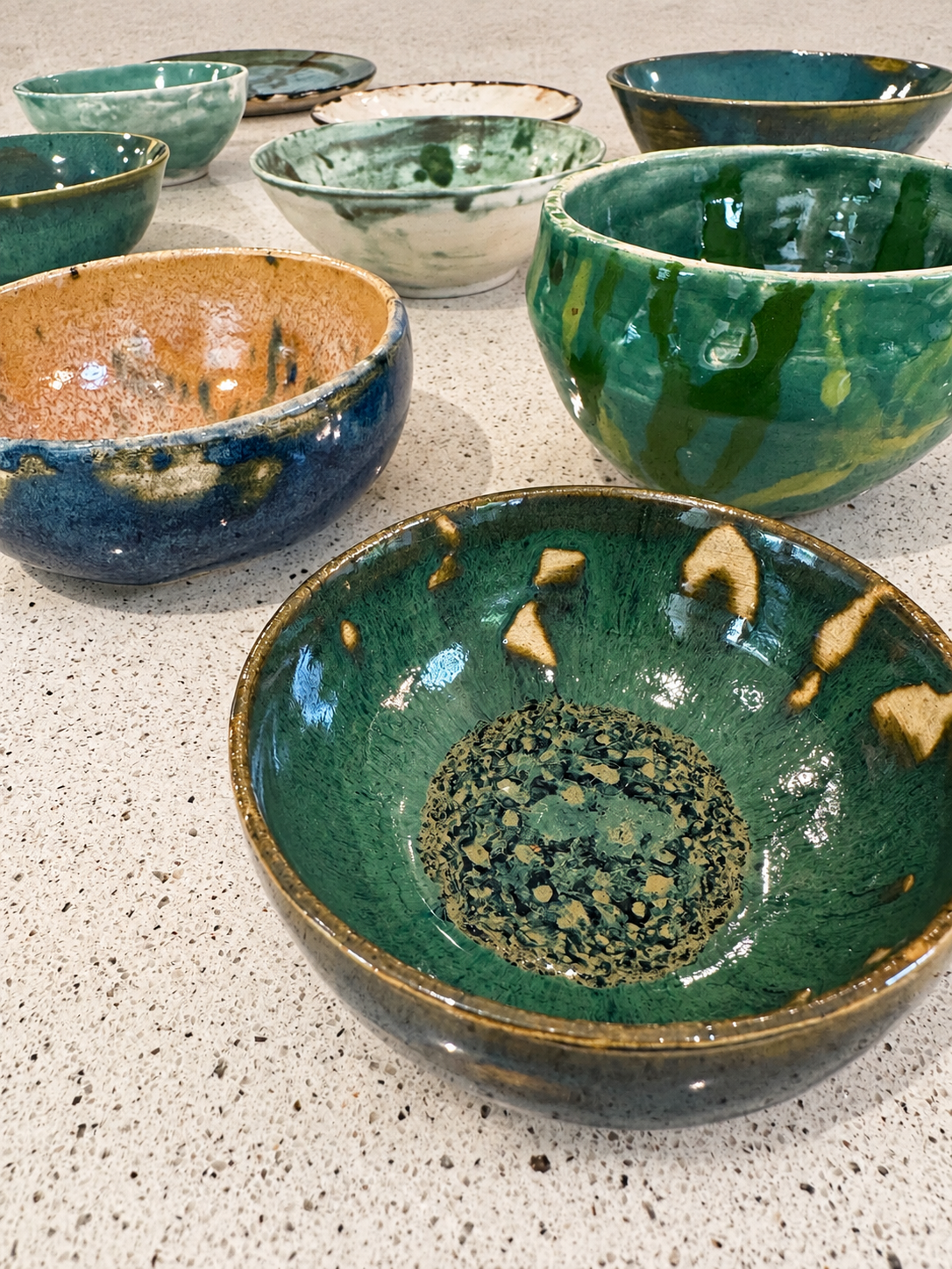 Wheel thrown bowls with various glazes 