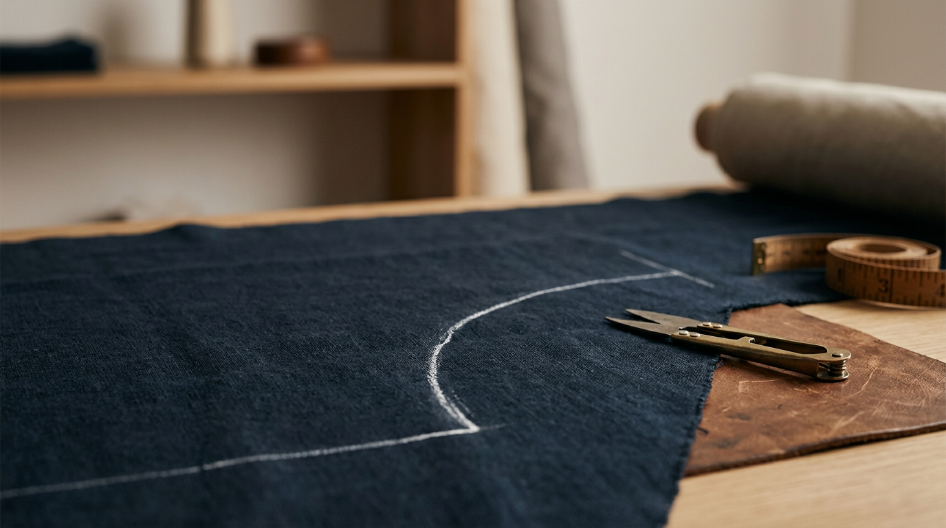 Close-up of a dark fabric with chalk markings on a wooden work surface, accompanied by a measuring tape and tailoring scissors, suggesting a sewing or tailoring project.