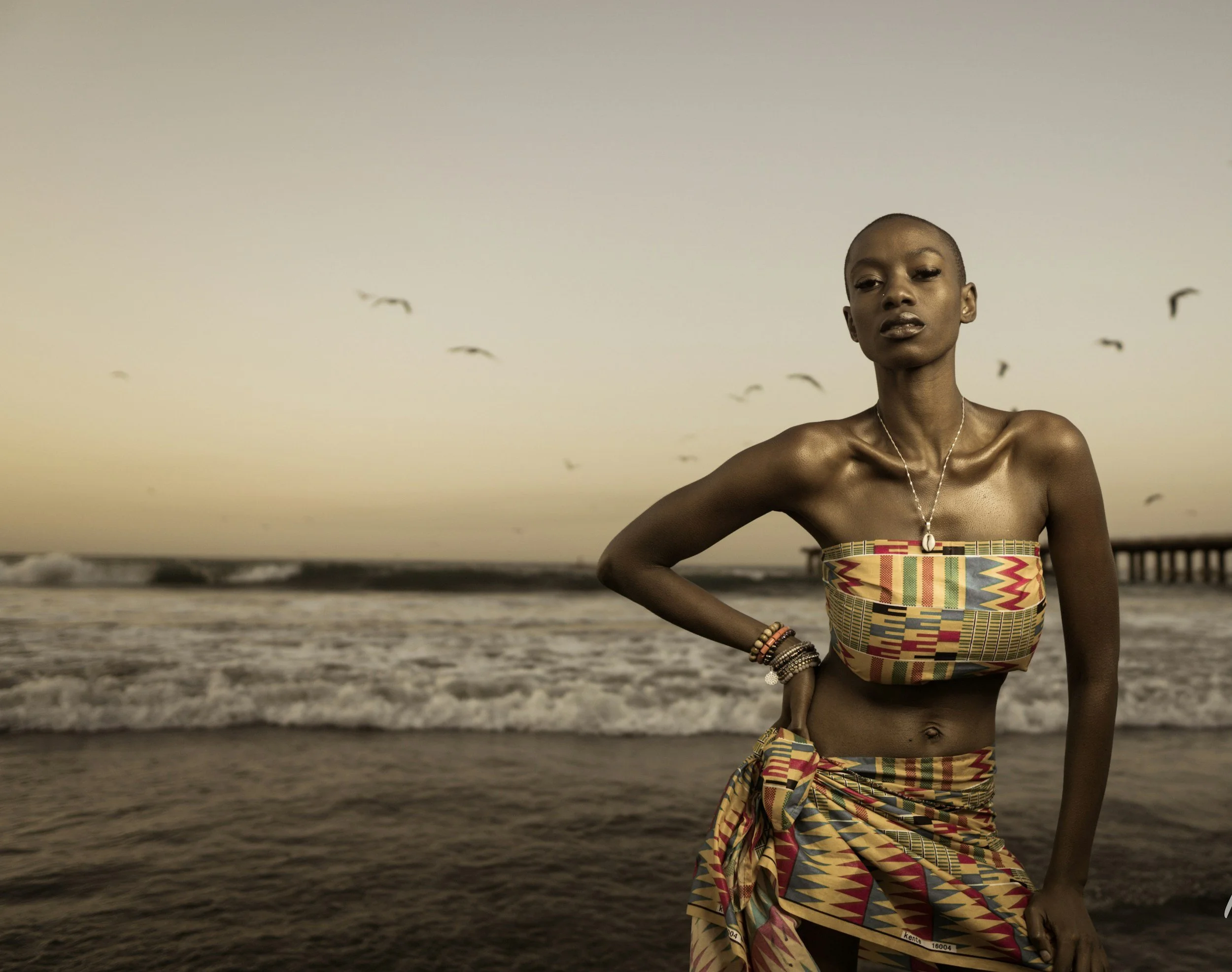 A woman stands on a beach with the ocean and a cloudy sky in the background. She is wearing traditional patterned clothing and accessorized with jewelry, with her right arm bent and hand resting on her waist. Birds are flying overhead.