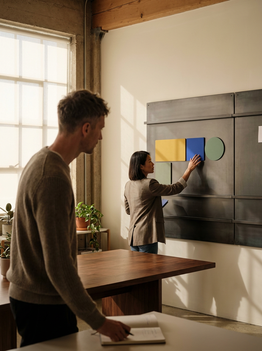 Two professionals, a man and a woman, are having a discussion in a modern office. The woman is standing and pointing at a wall with colorful geometric shapes, while the man is standing near a table, holding a notebook and pen. Natural light is coming through large windows, and there are potted plants on a shelf.