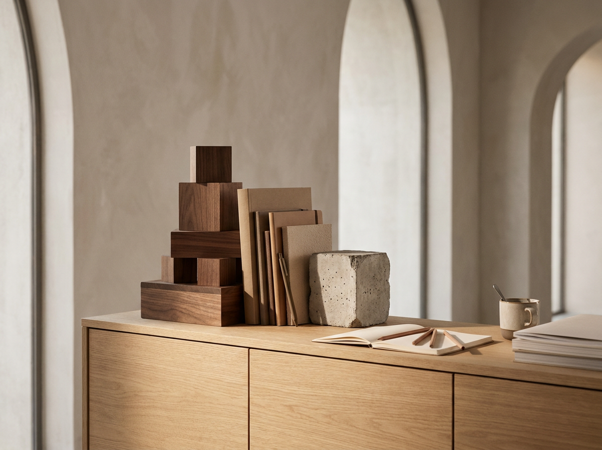 Wooden cabinet holding stacked books, notebooks, and a concrete block, next to a ceramic mug and an open notebook with pencils, in a room with arched windows.