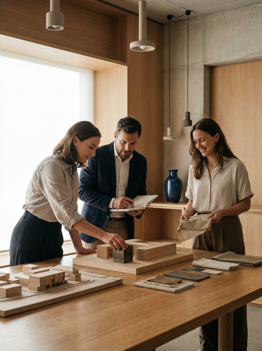 Three business professionals reviewing design samples and building models on a wooden table in a modern office.