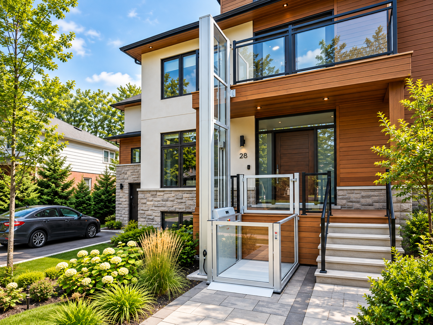 Residential vertical platform lift installed beside the front steps of a modern home.