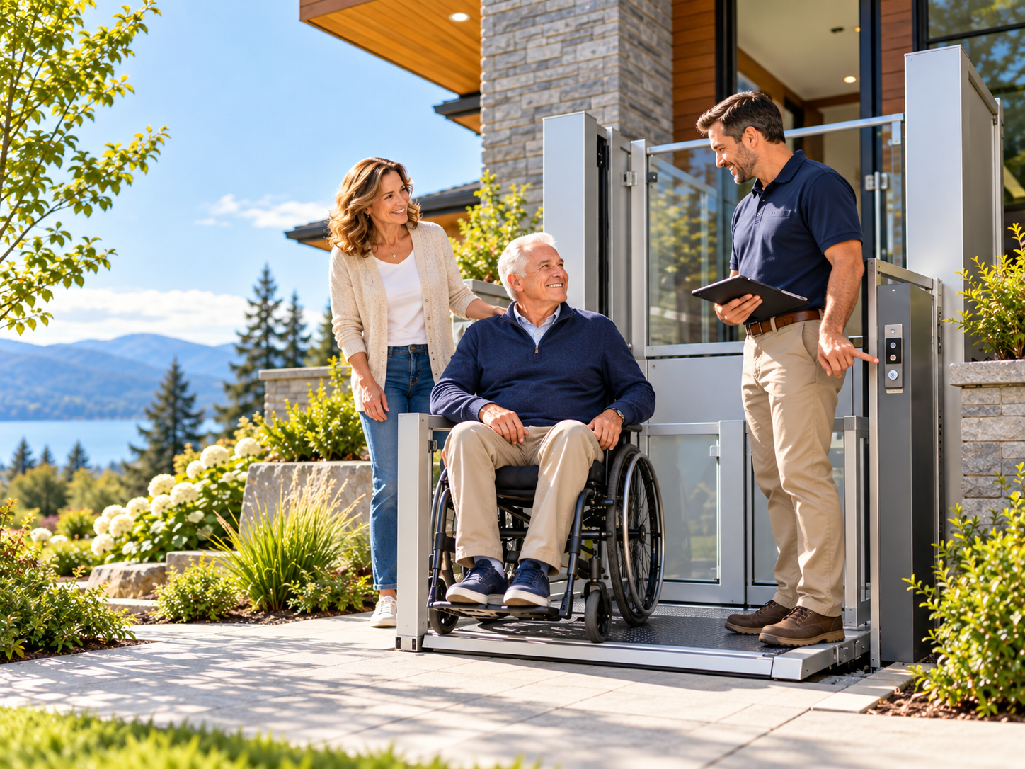 Mobility specialist discussing home accessibility solutions with an older couple beside a vertical platform lift.