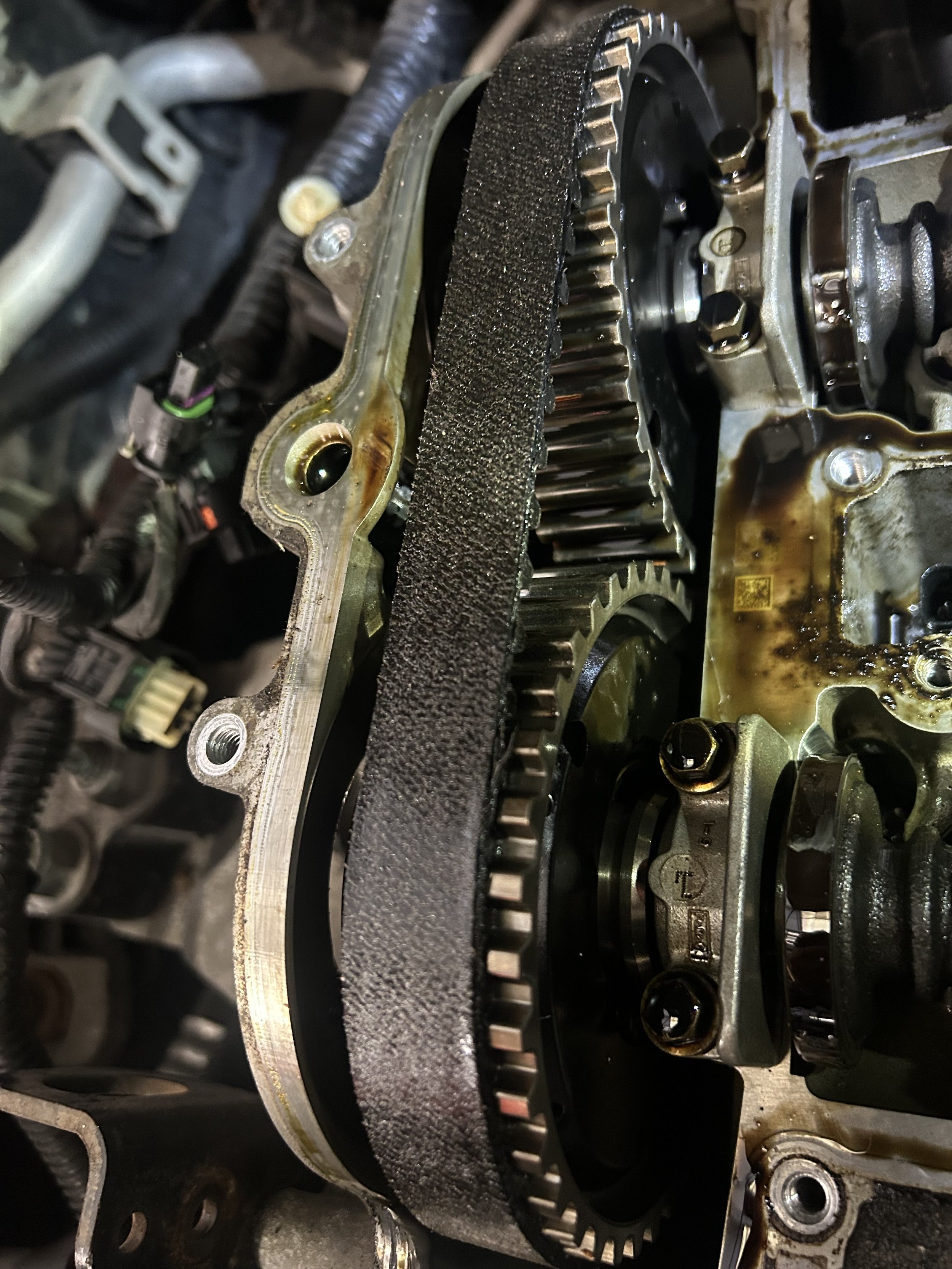 Close-up of a metallic engine component with gears, oil, and a timing belt.