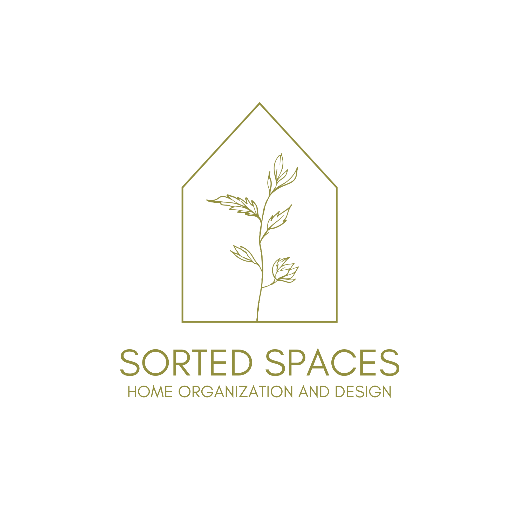 Book cover design with a minimalist logo of a house with a leaf inside, and the title 'SORTED SPACES' with the subtitle 'HOME ORGANIZATION AND DESIGN'.