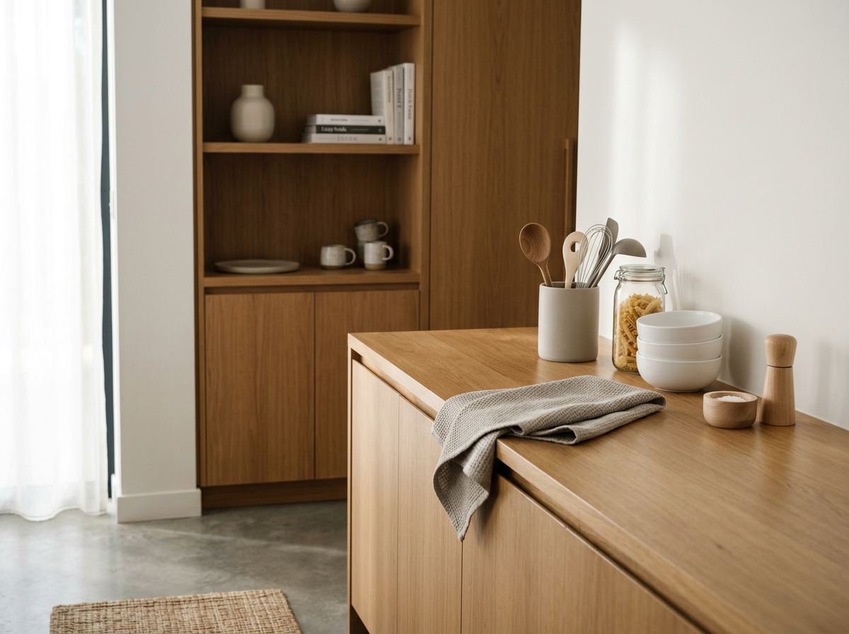 A minimalist kitchen with a wooden countertop, white bowls, a container with utensils, a glass jar with pasta, and a wooden pepper grinder. A towel is draped over the side of the counter. In the background, a wooden cabinet with open shelves holding plates, cups, and books, and a white vase on the top shelf. Light filters in through sheer curtains.