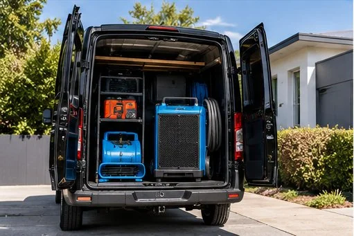 Open back of a black cargo van filled with various tools and equipment, parked in a driveway with a house and trees in the background.