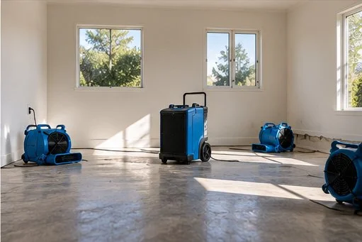 Empty room with three blue portable air conditioning units and one black rolling suitcase, sunlight streaming through two windows.