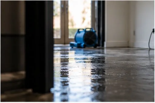 Wet hardwood floor with a blue air mover in the background near a door.