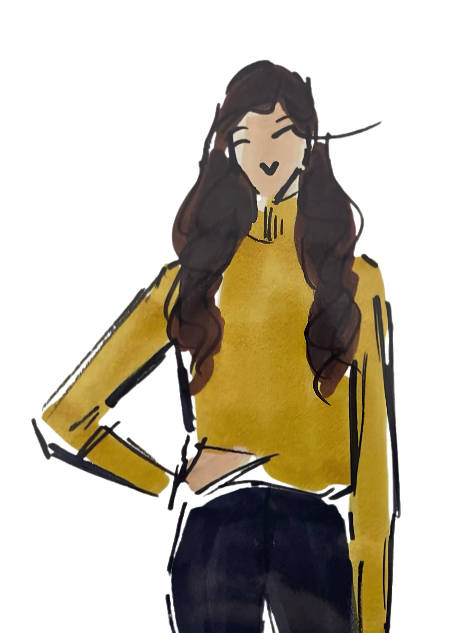 Illustration of a woman with long dark hair wearing a mustard yellow sweater.
