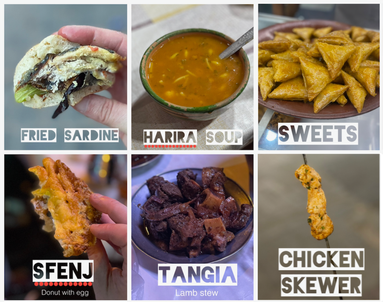 Moroccan street-food tasting including fried sardine, harira soup, sweets, sfenj, tangia, and a chicken skewer.