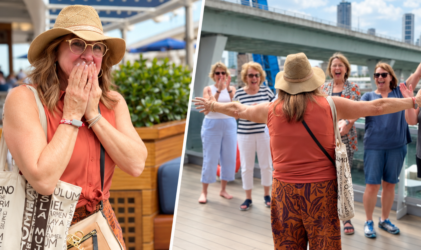 Two moments from a surprise birthday cruise: the guest of honor reacting and friends celebrating together on deck.