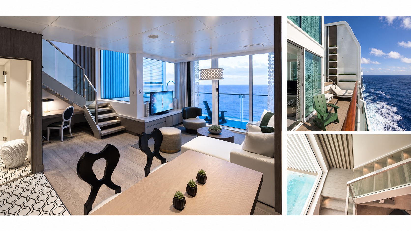 Three views of a two-level Celebrity Edge Villa suite: the living area, private balcony, and staircase beside the plunge pool.