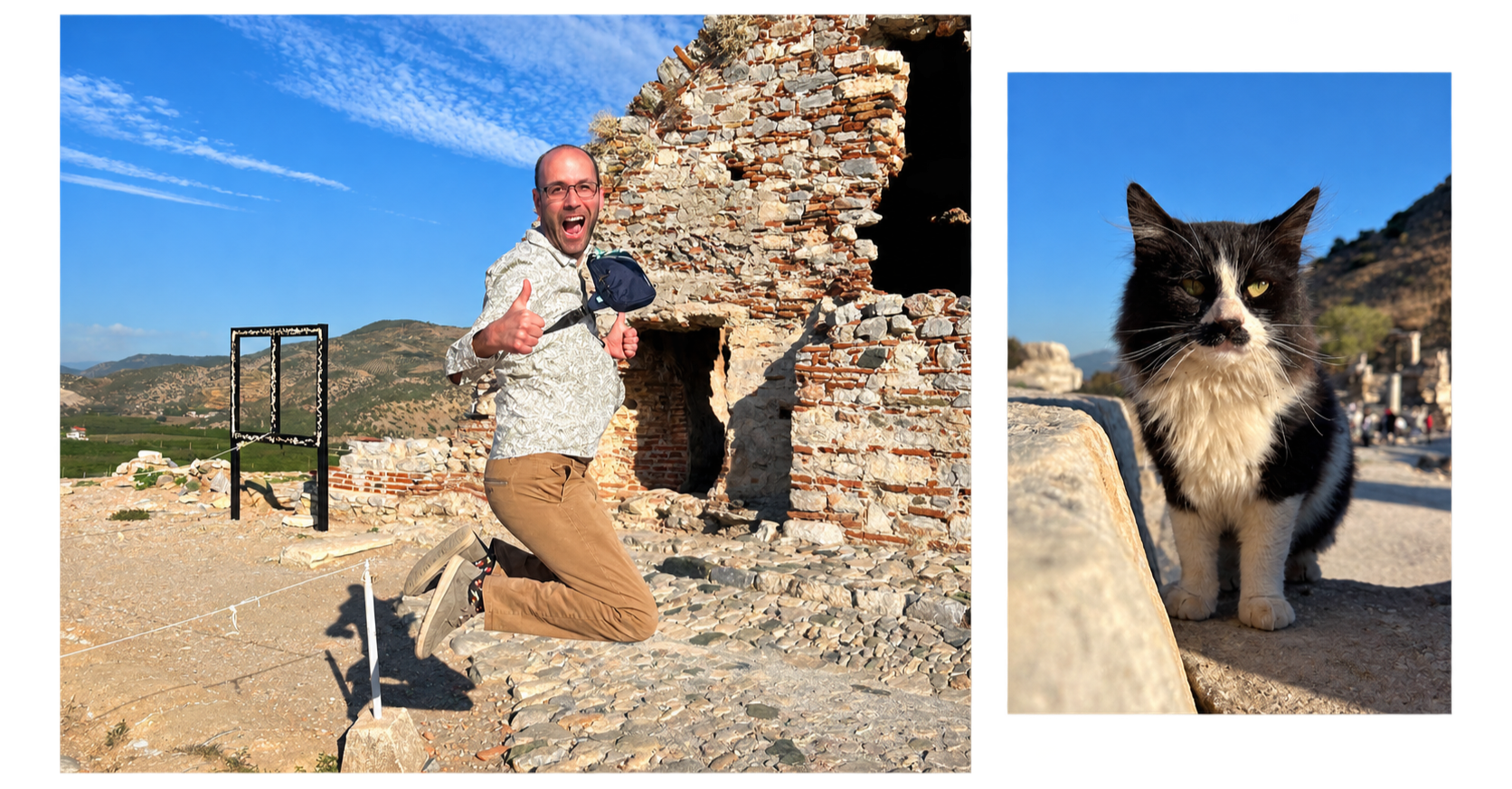 Two moments from Jacob’s trip through western Türkiye: Jacob jumping beside ancient ruins and a black-and-white cat at an archaeological site.
