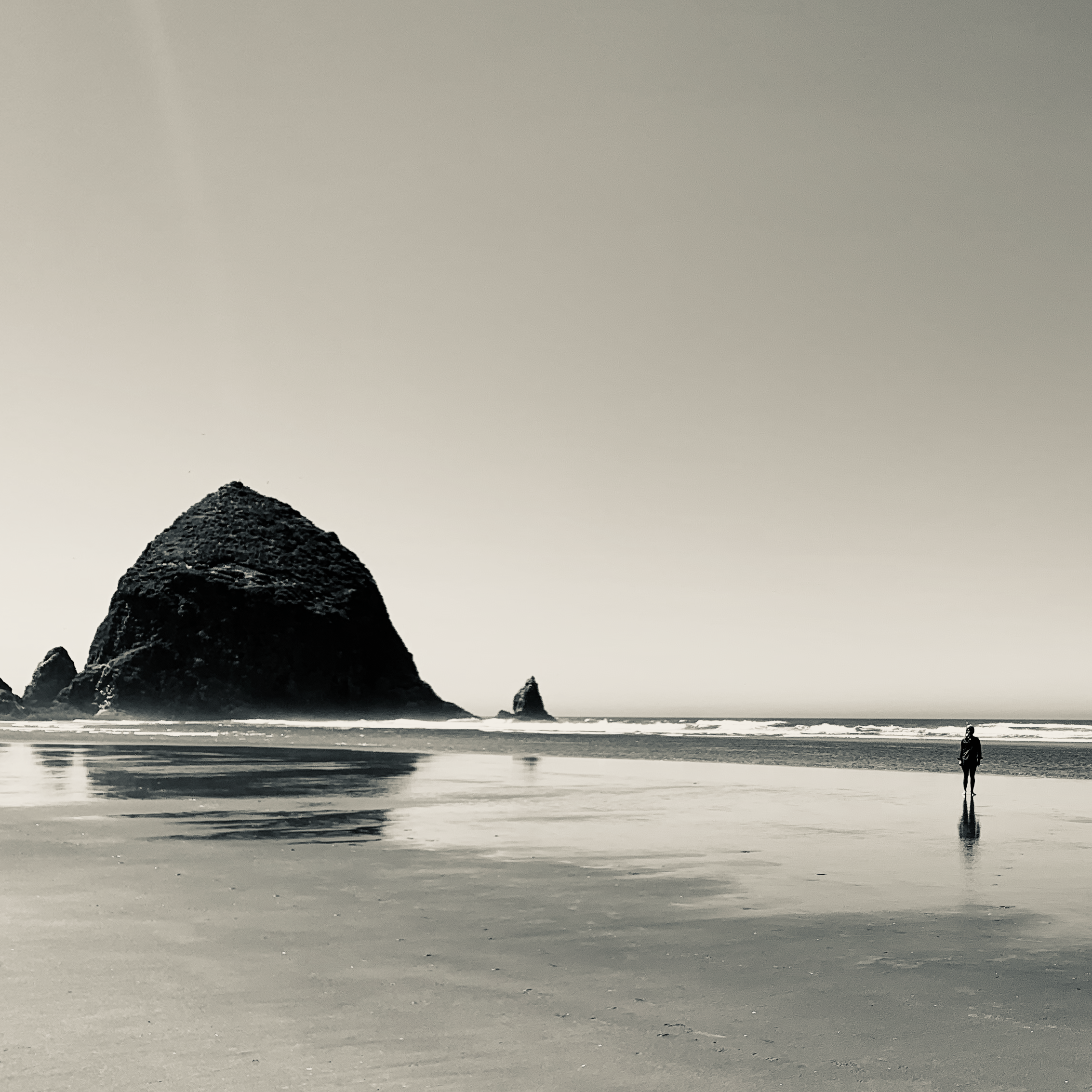 A lone person standing on a wide beach beside a dramatic sea stack.