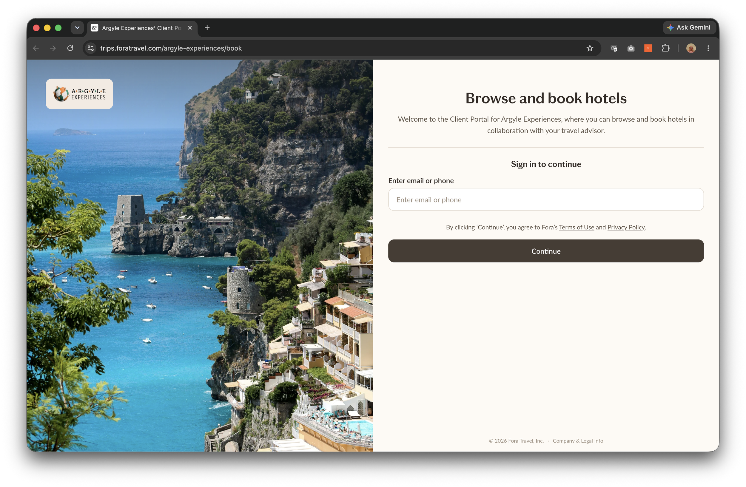 1. Argyle’s self-service hotel booking sign-in screen, where clients can browse and book hotels.