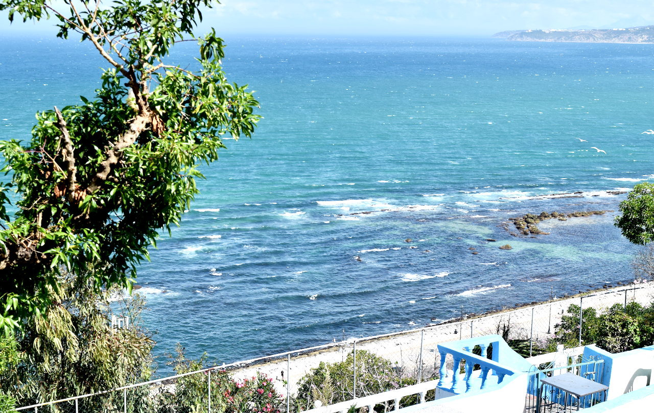 View from Tangier across the blue water of the Strait of Gibraltar.