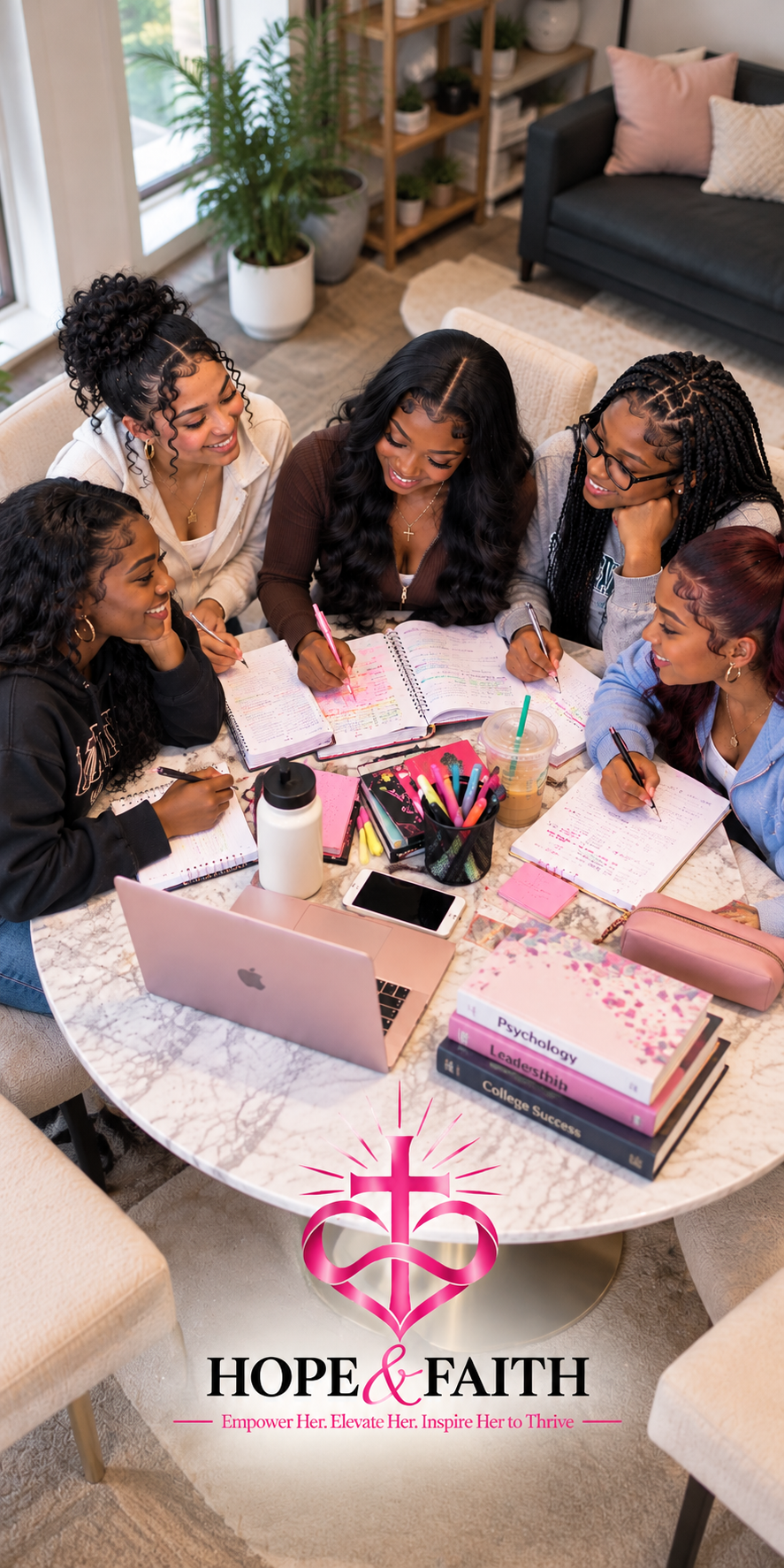 Group of six young women sitting around a marble table, engaged in studying or planning, with notebooks, pens, a laptop, and drinks on the table. A church or organization logo, 'Hope & Faith,' with the tagline 'Empower Her. Elevate Her. Inspire Her to Thrive,' is placed at the bottom of the image.
