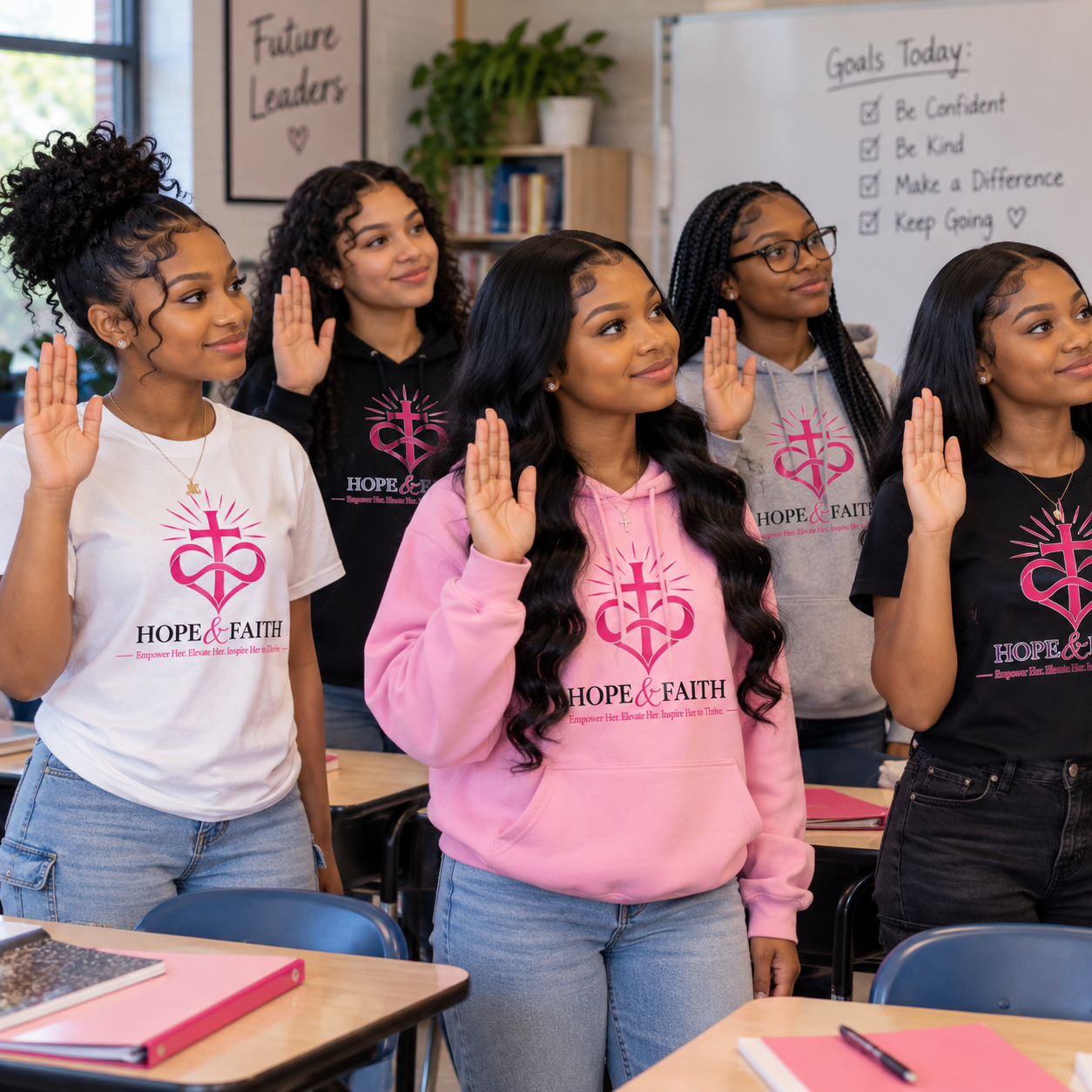 Group of young women standing in a classroom, raising their right hands in a pledge, wearing matching 'Hope & Faith' hoodies and t-shirts. A whiteboard behind them lists goals for today and a poster on the wall reads 'Future Leaders'.