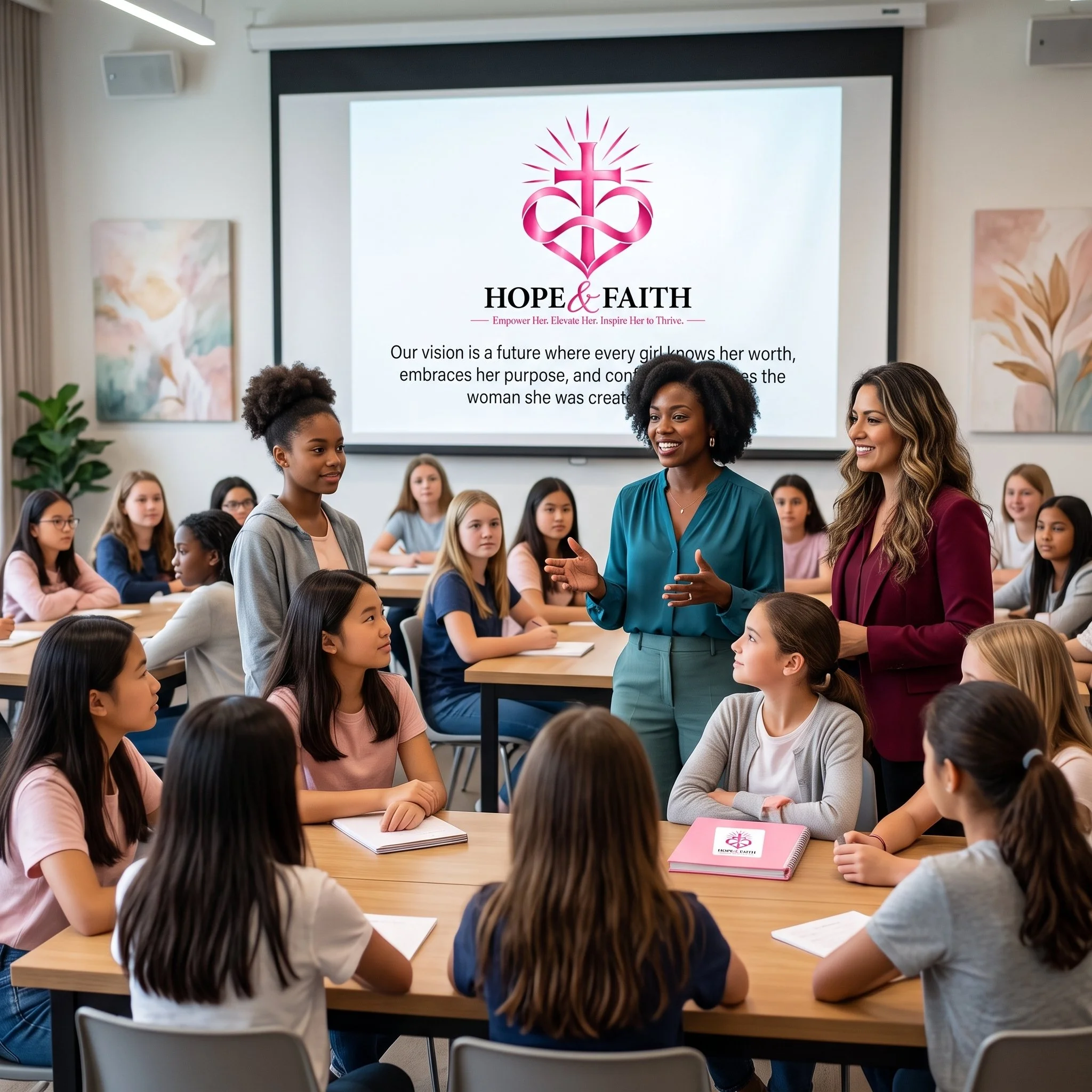 A group of girls sitting at a conference table in a classroom or conference room. A woman is standing and talking at the front of the room. A projector screen displays the logo and mission statement of Hope & Faith, a program empowering girls and inspiring them to thrive.