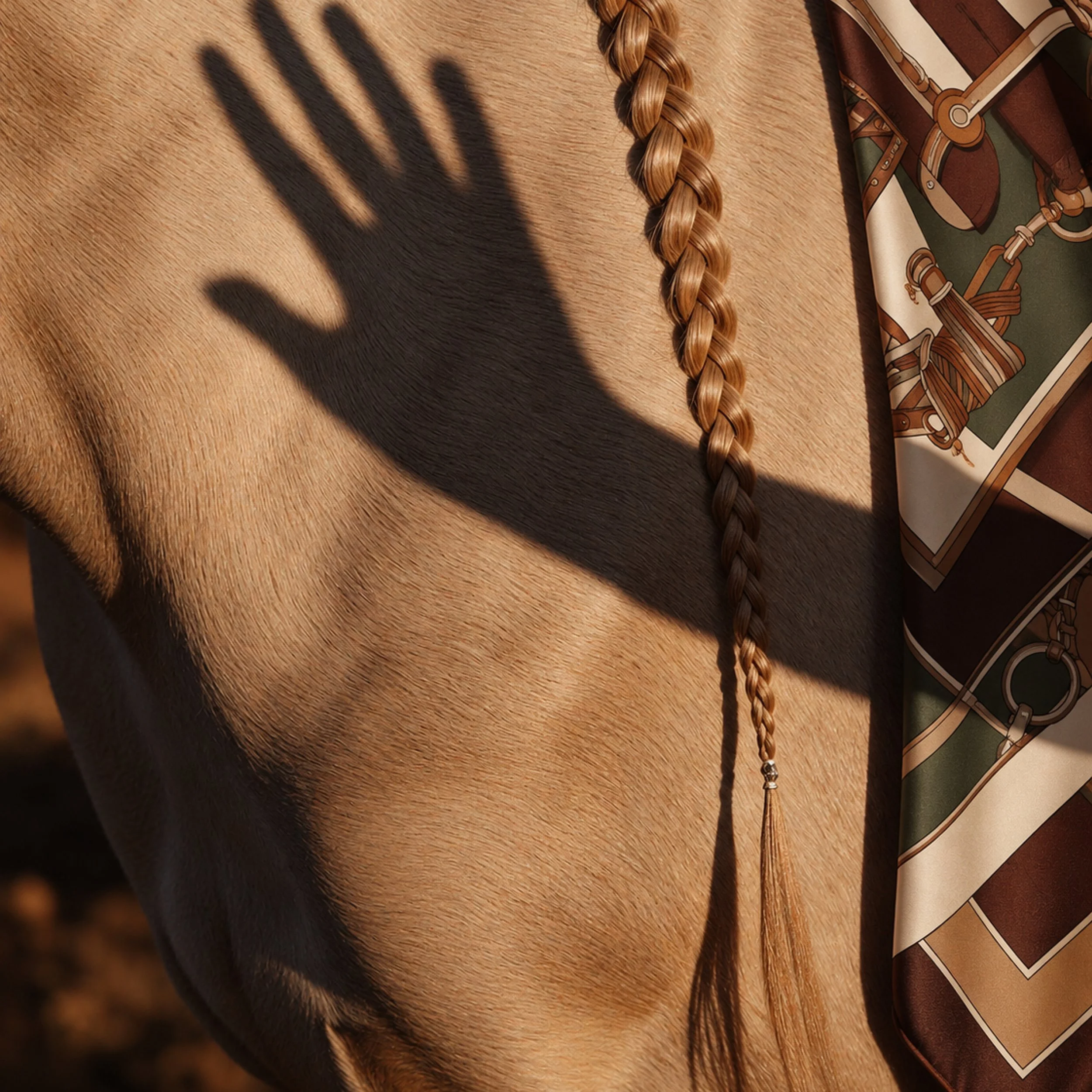 Main formant une ombre sur un cheval, foulard Herman