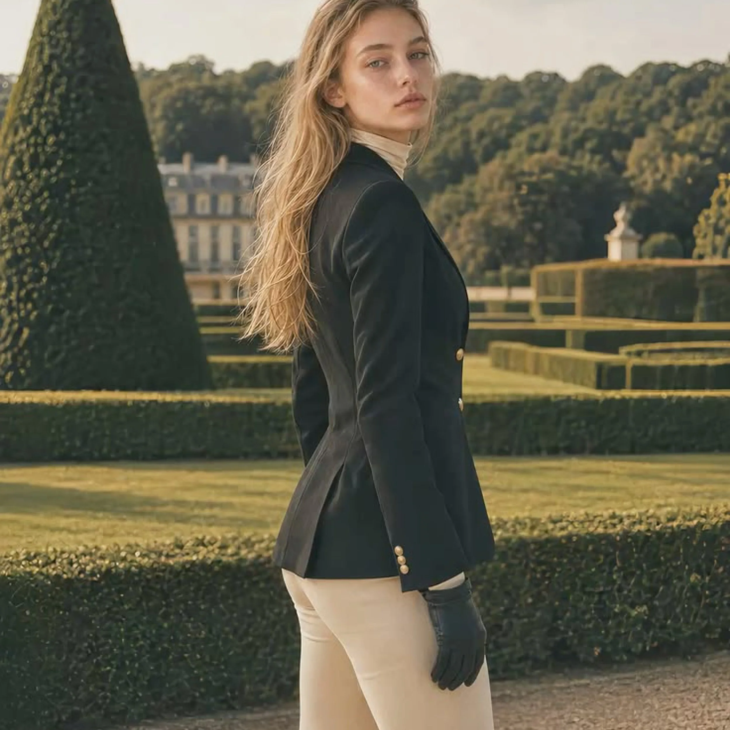 Femme en blazer noir dans un jardin