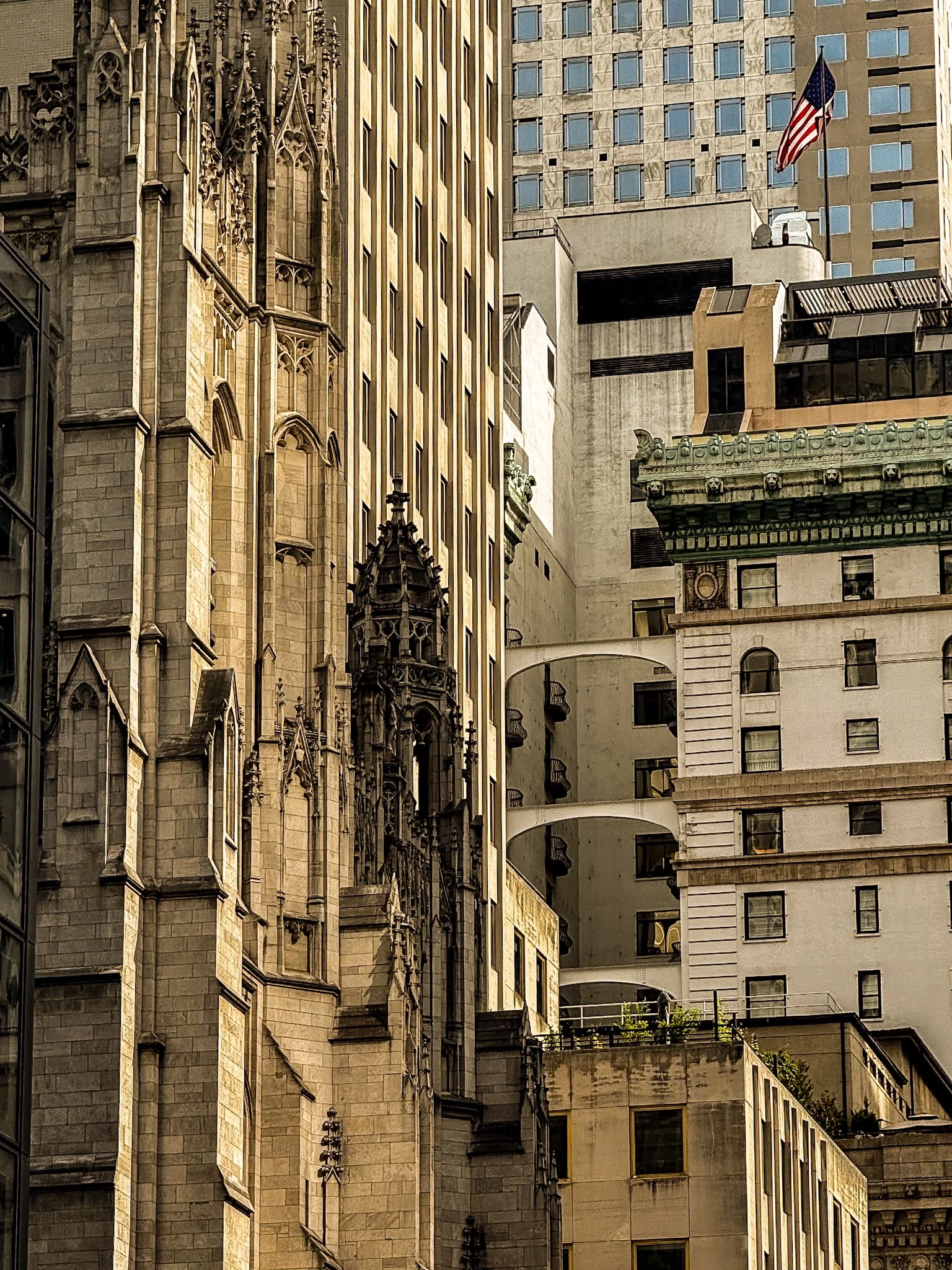 Image of urban city buildings with varied architectural styles, including a historic stone building with ornate details and modern tall buildings in the background, with an American flag on a flagpole visible.
