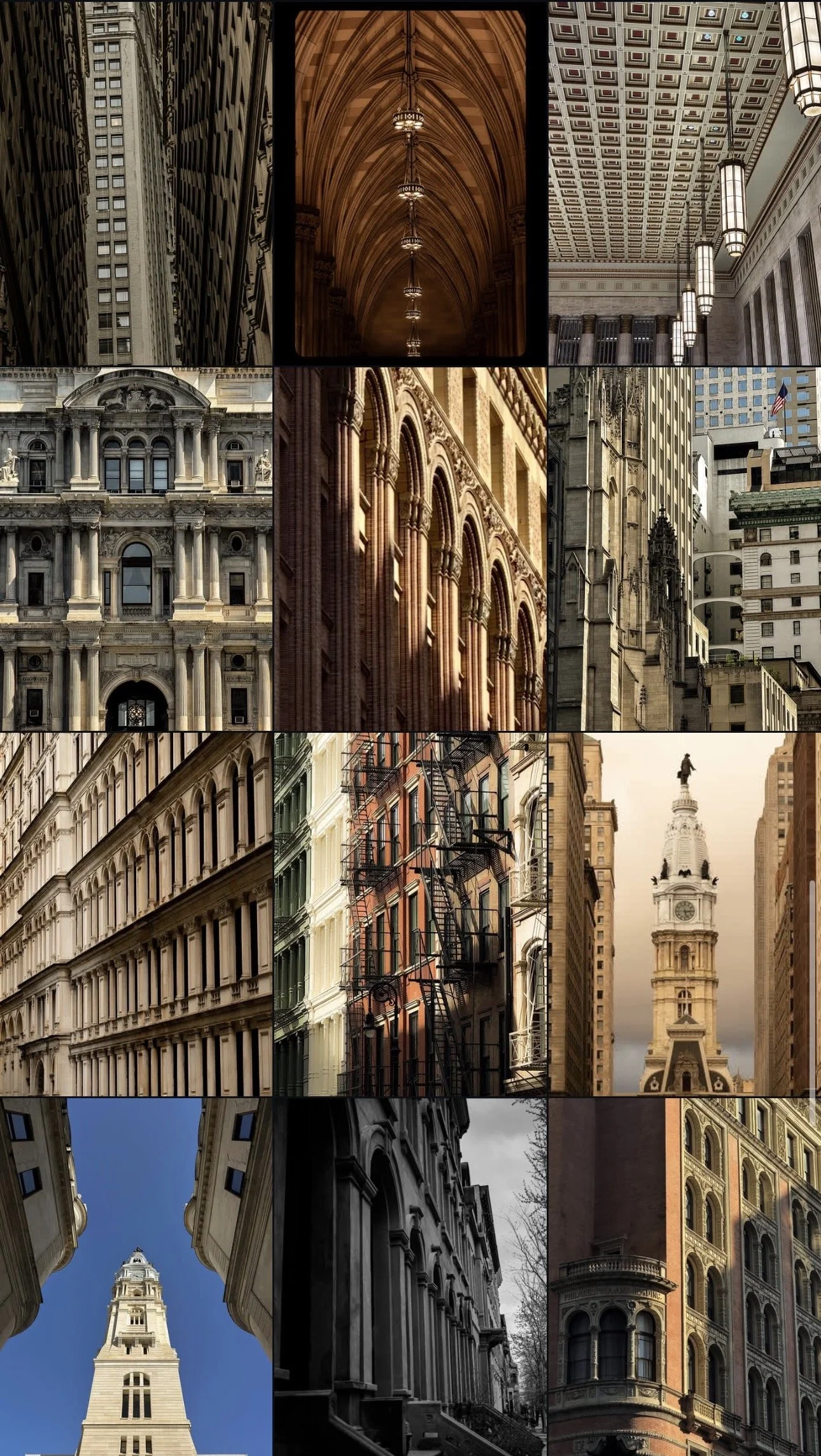 Collage of iconic New York City buildings and architecture including tall skyscrapers, the interior of a grand cathedral or hall, fire escapes on older buildings, and a clock tower.
