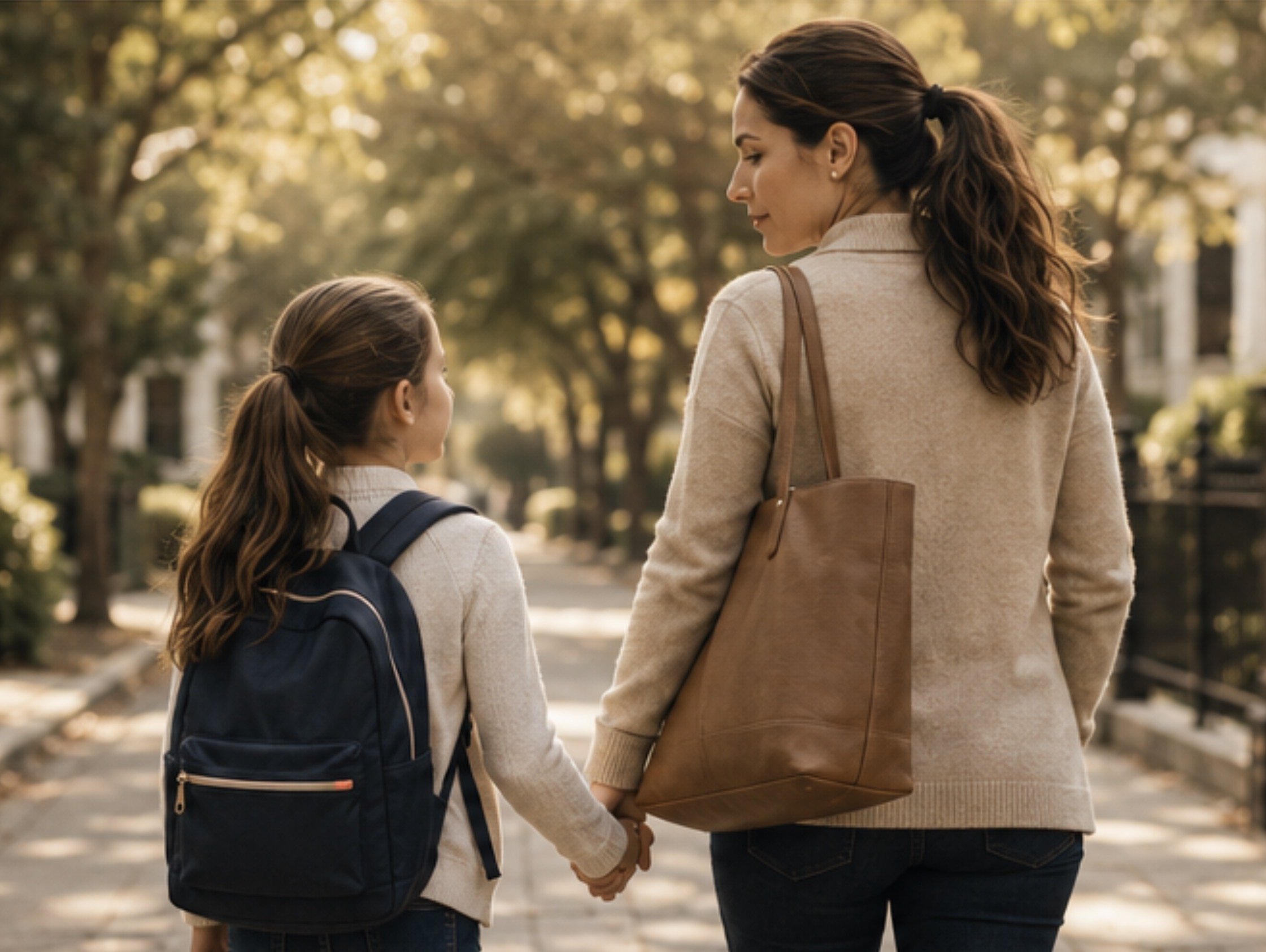 A woman and girl holding hands and walking outdoors in a park during autumn, with trees and sunlight in the background.