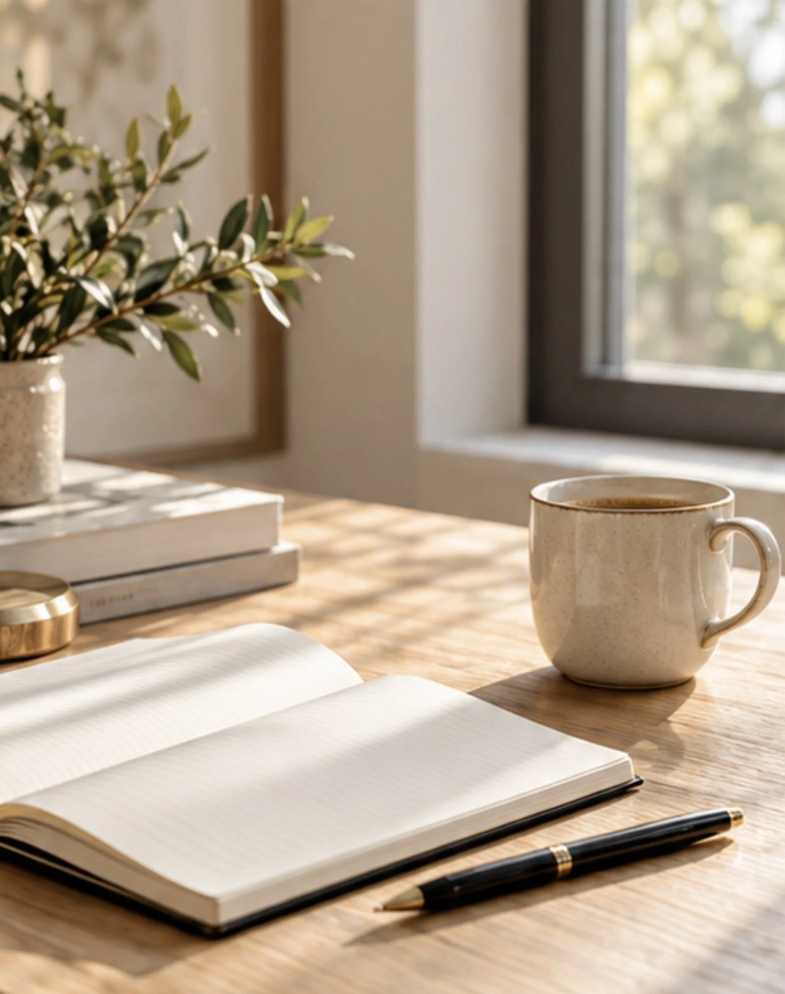 Open notebook with blank pages, a pen, a ceramic mug, a potted plant, a closed book, and a container on a wooden desk near a window with natural light.
