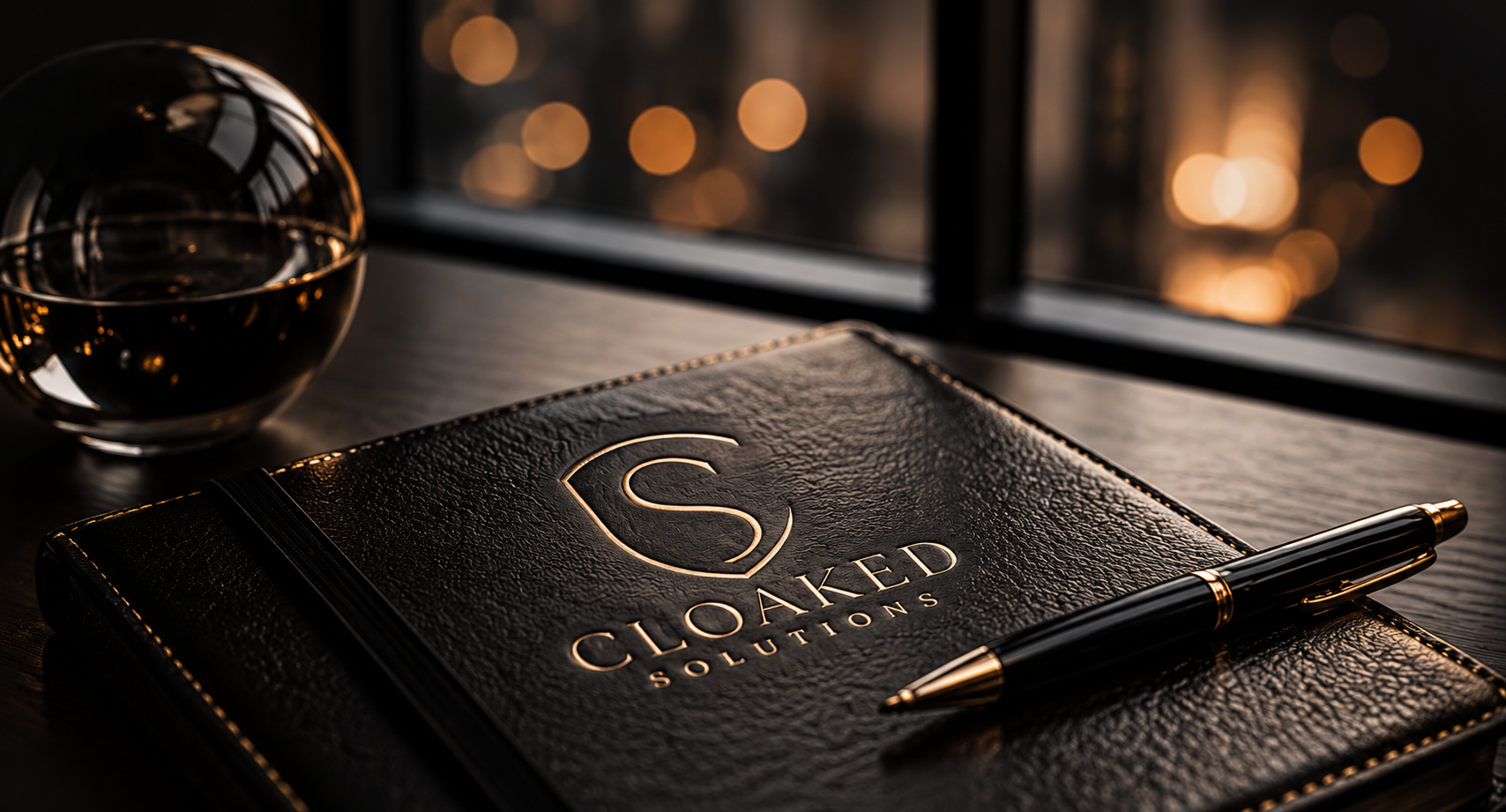 Black leather notebook with gold lettering 'CLOAKED SOLUTIONS', a matching gold and black pen, and a glass paperweight, placed on a dark wooden surface near a window with bokeh lights outside.