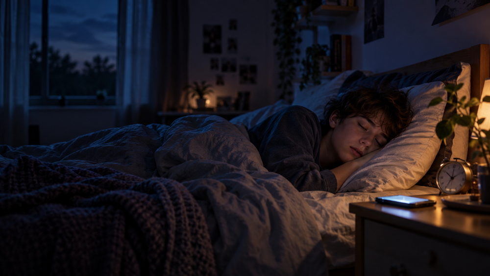 A teenager asleep in bed at night with a phone on the nightstand