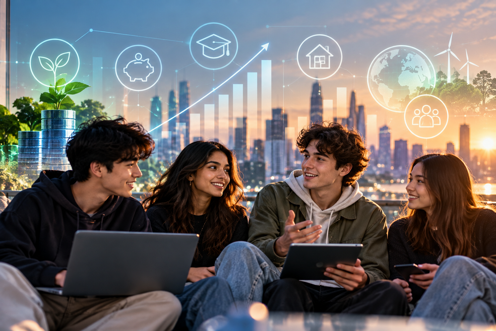 Young people with laptops in front of a city skyline
