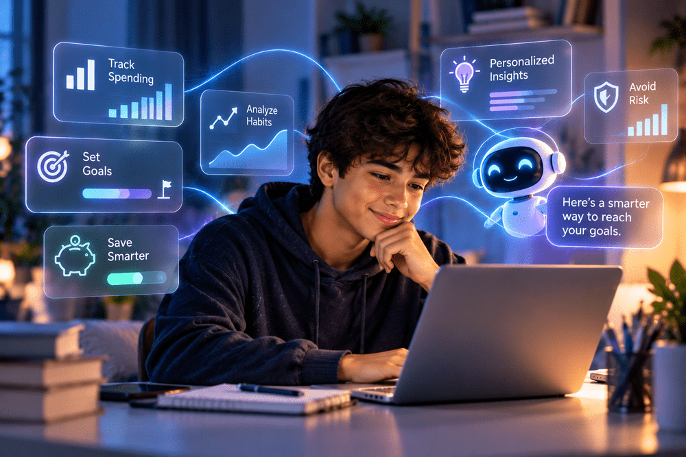 A student at a laptop surrounded by finance charts