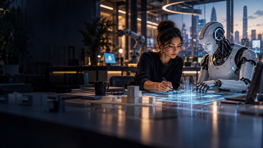 A woman and a humanoid robot working side by side at a desk