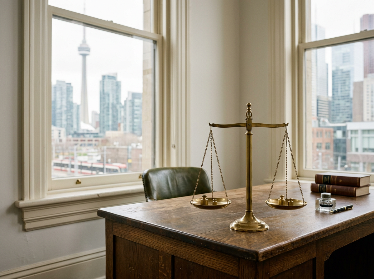 An office desk with a brass balance scale, a stack of books, a fountain pen, and an ink bottle, with large windows showing the Toronto skyline including the CN Tower in the background.