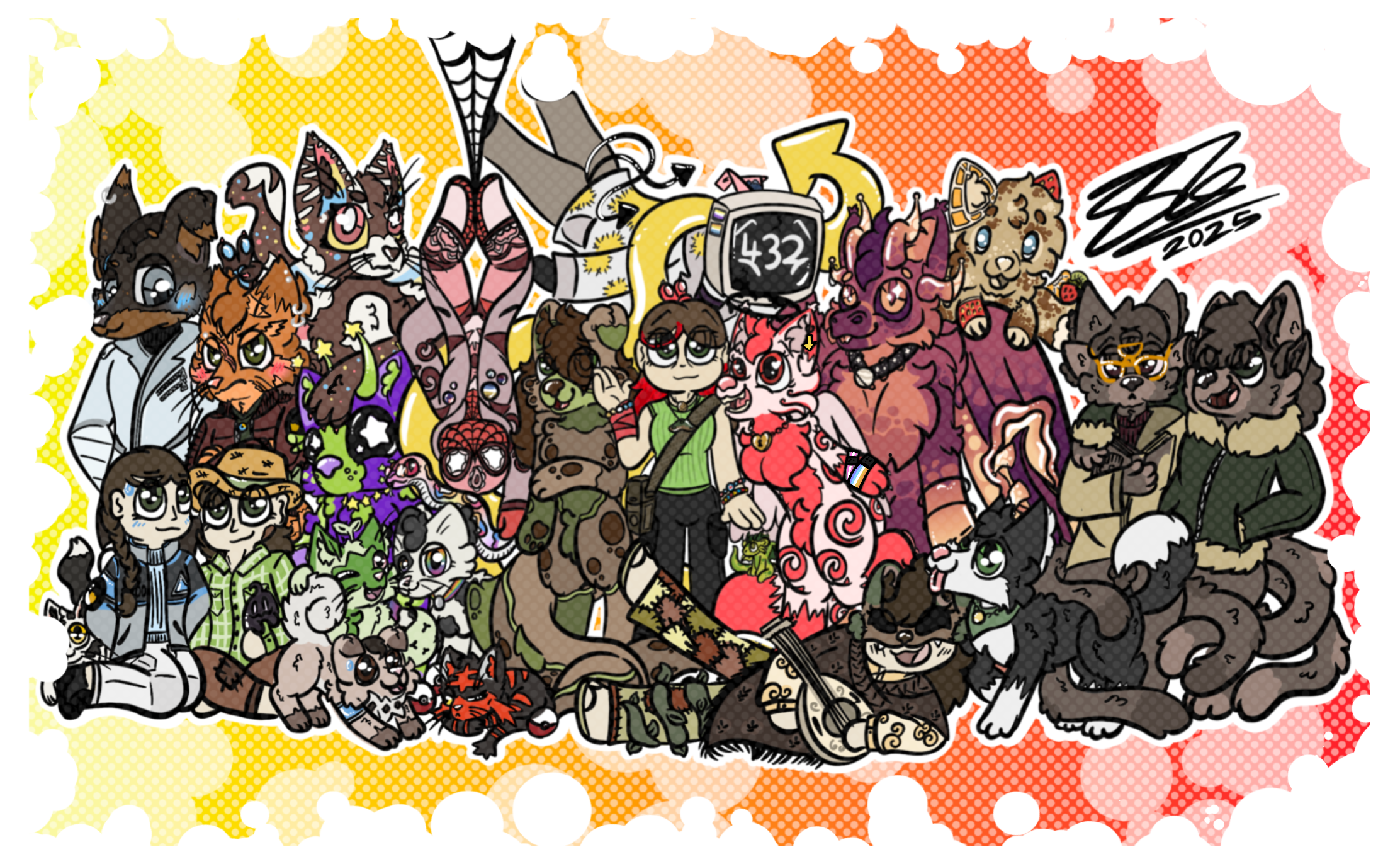A colorful, cartoon-style group illustration of various anthropomorphic animals and humans dressed in diverse costumes, with a comic book background featuring dots and cloud shapes, and a signature with the date 2023 at the top right.