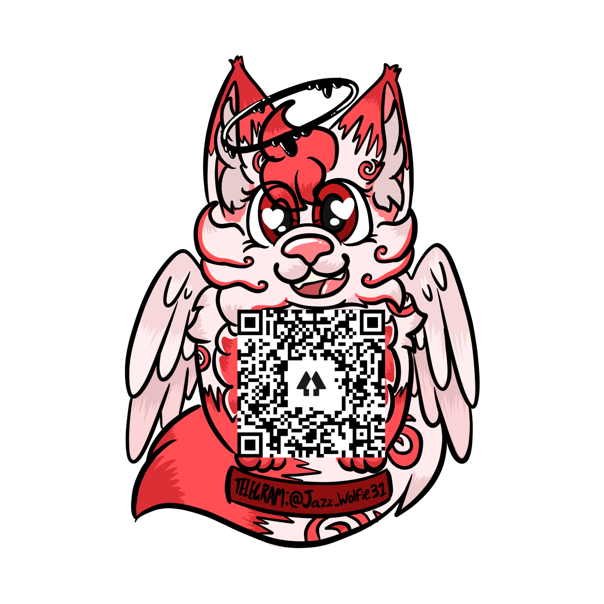 A cartoon-style illustration of a the company Mascot/Fursona "Jazz", a pink-red husky with wings. Holding a sign with a QR code and text for social media contact information.