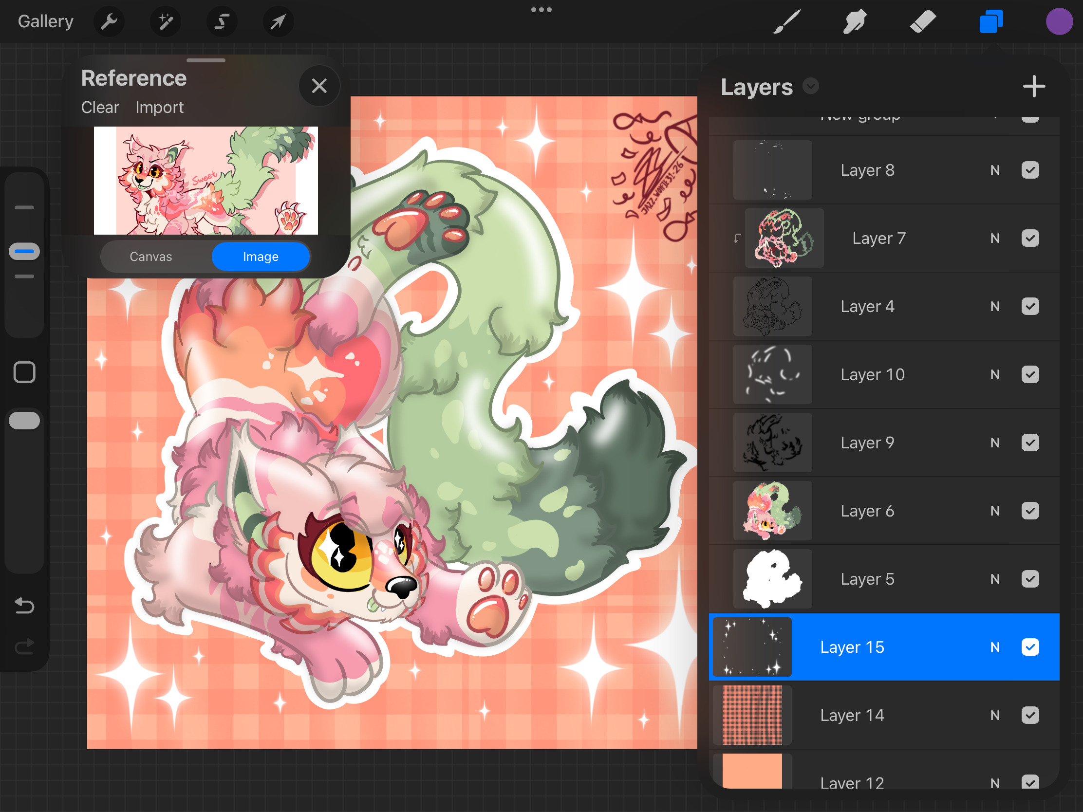 A digital illustration progress shot of a cute, fluffy pink and green cat with large eyes, lying down on a pink and orange checkered background with sparkling stars. The cat appears happy and playful.