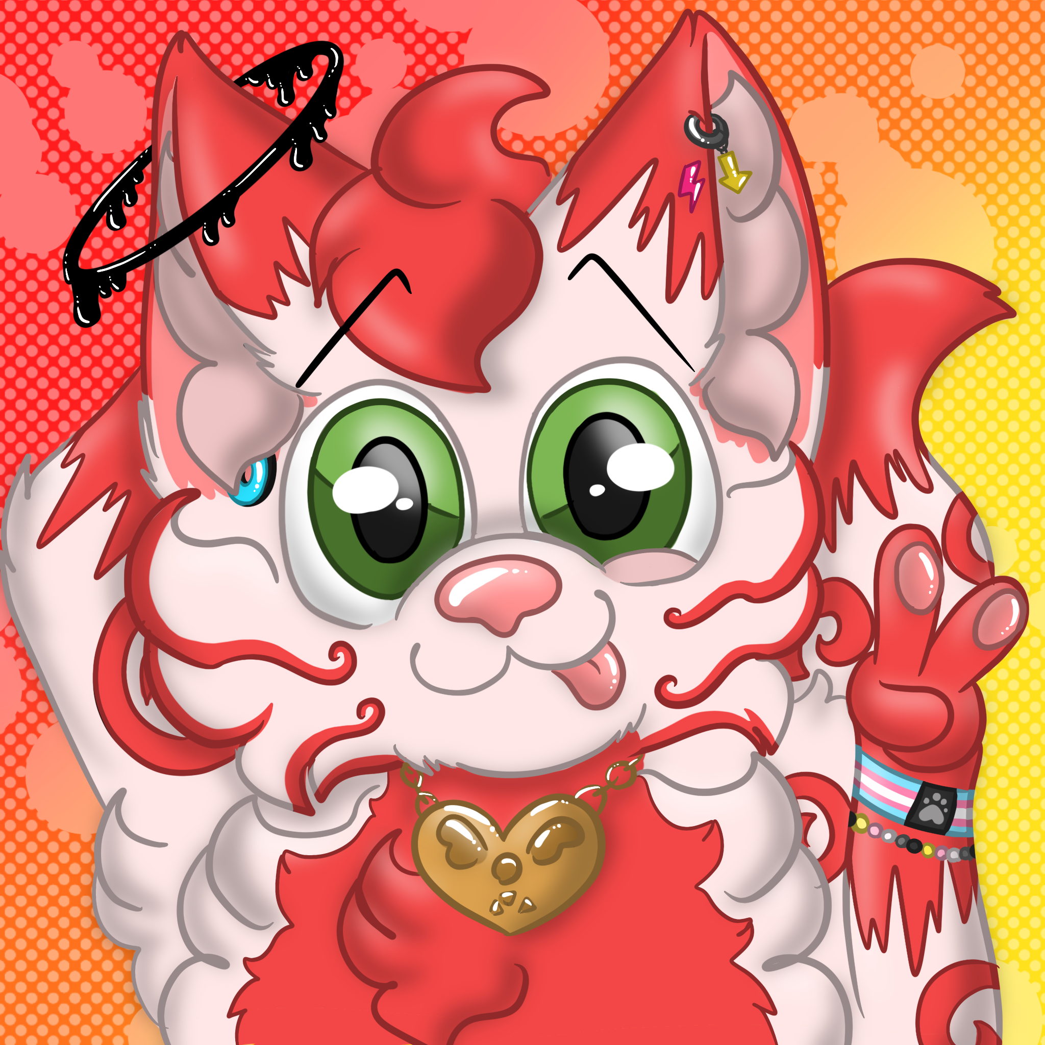 Colorful digital illustration of a puppy with green eyes, red and white fur, and various accessories, with a vibrant dotted background.