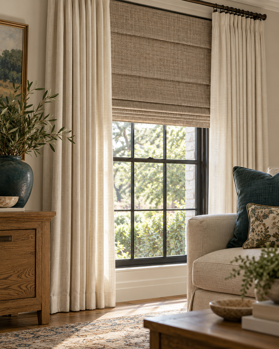 Custom window treatments in a bright living room