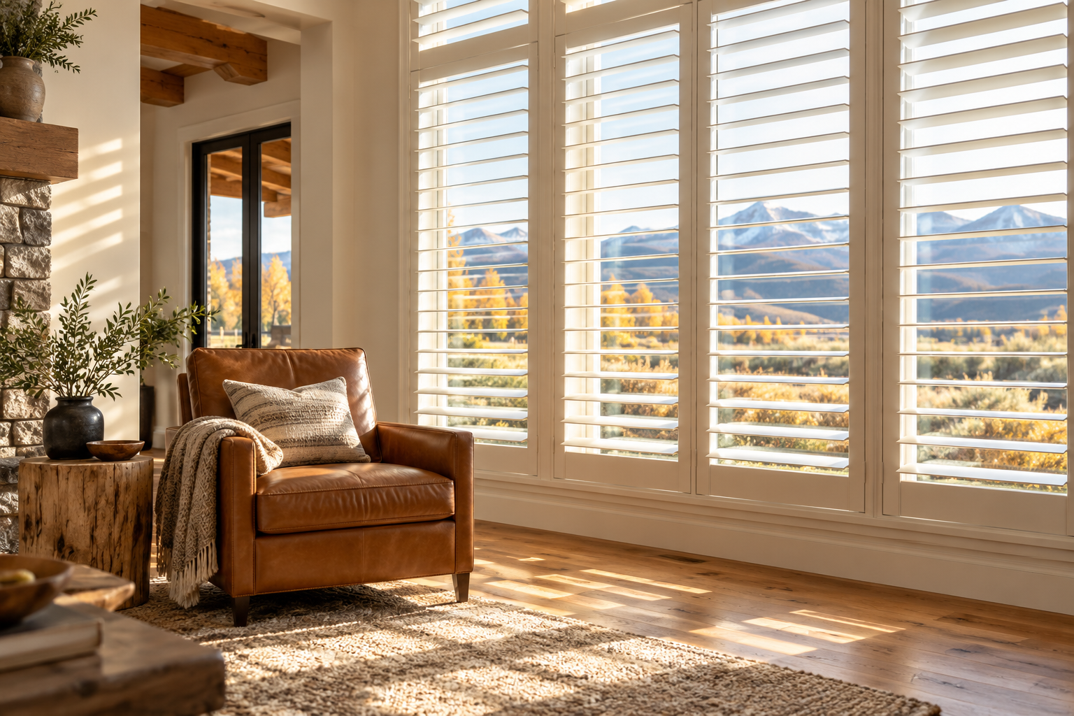 White plantation shutters in a warm room overlooking the foothills