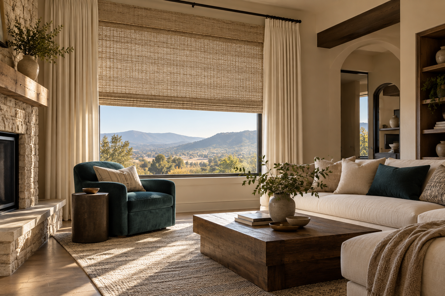Woven Roman shade and cream drapery in a warm living room