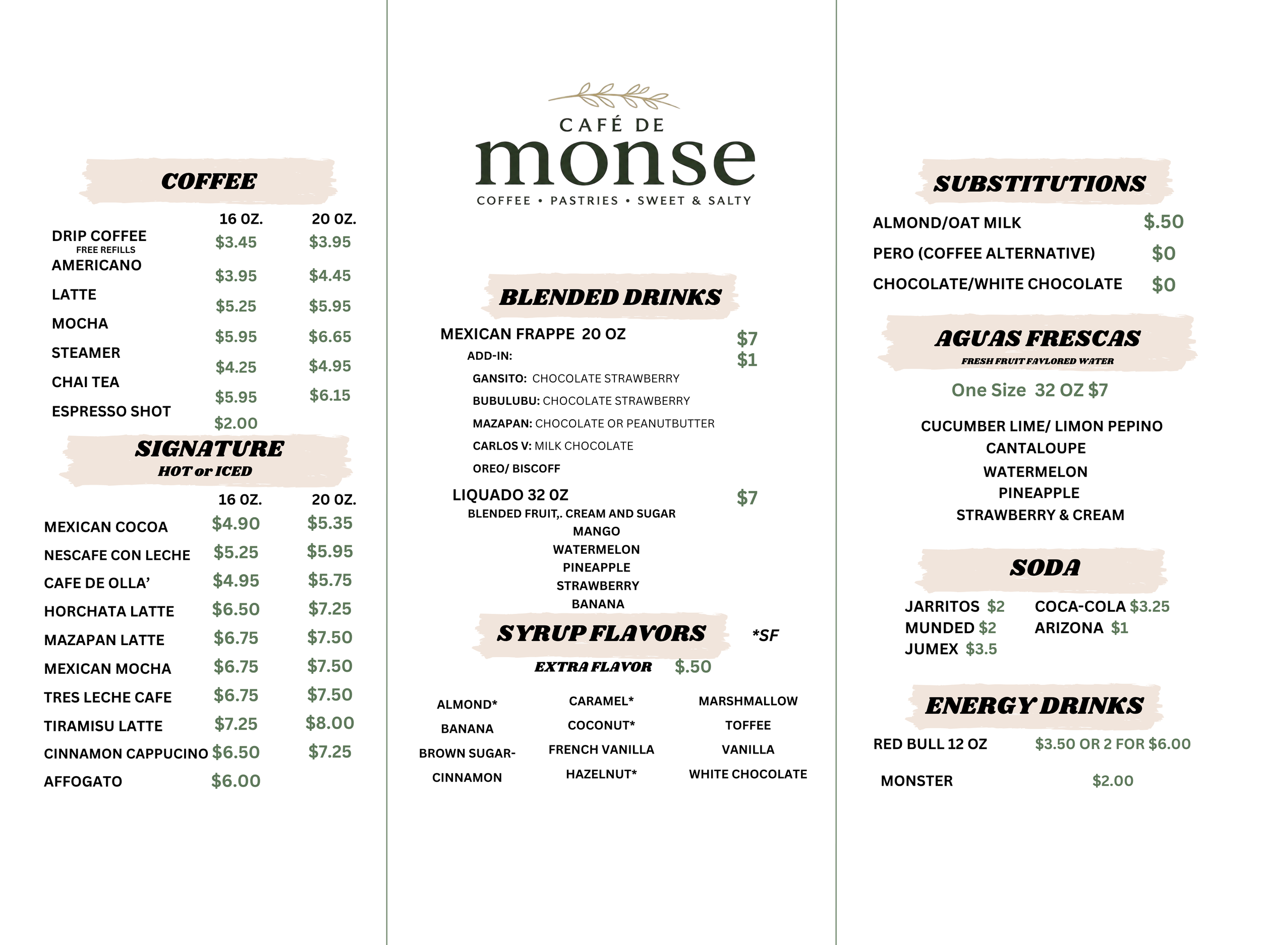 Menu for Café de Monse featuring coffee, blended drinks, syrup flavors, substitutions, fresh fruit waters, energy drinks, and prices.
