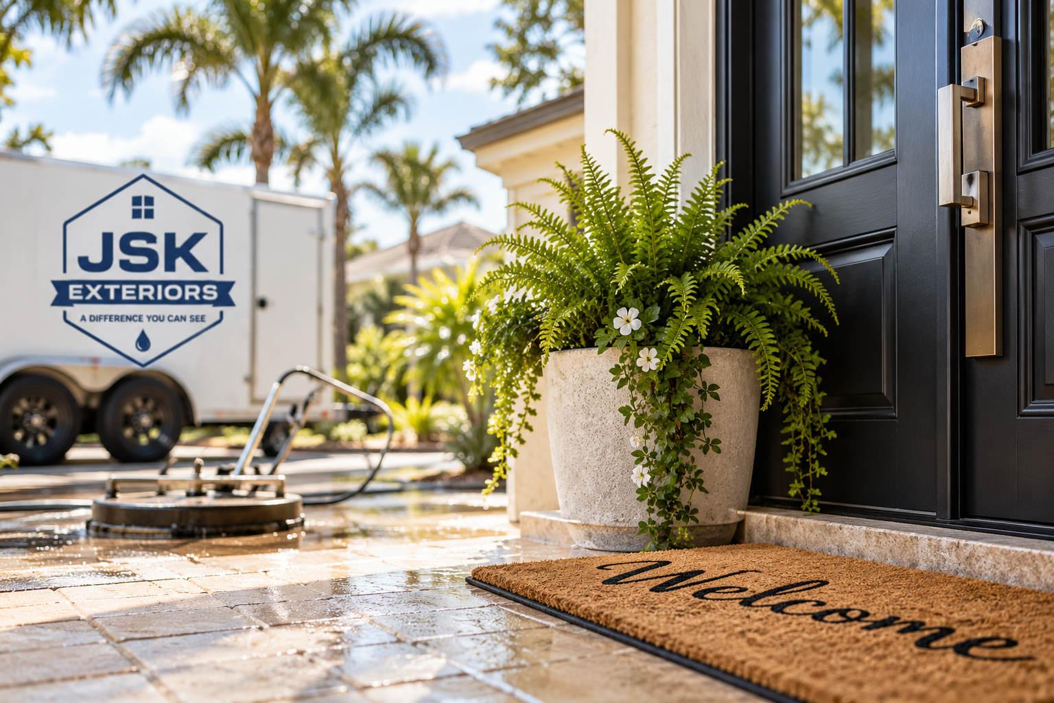 Welcome mat in front of a black front door, with a potted fern and white flowers next to it. A cleaning trailer is visible in the background, with palm trees and a partly cloudy sky.