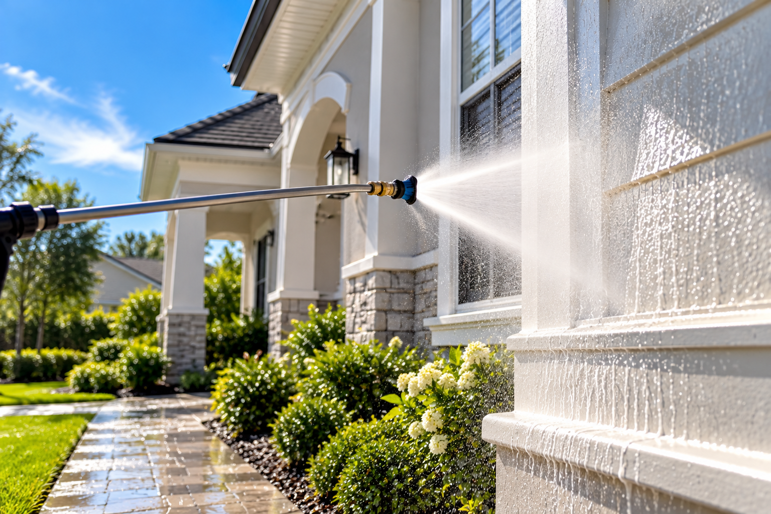 A garden hose spray nozzle spraying water on the exterior wall of a house with white siding, stone accents, a window, and a front porch with plants and flowers in the garden.