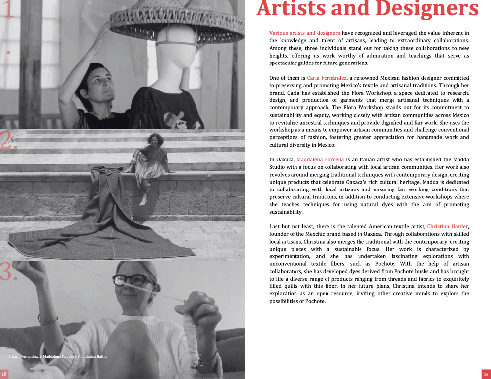 Three black and white photos of women involved in arts and crafts. The first photo shows a woman holding up a woven basket with a mannequin displaying clothing inside. The second photo depicts a woman sitting by a stone staircase with fabric draped a