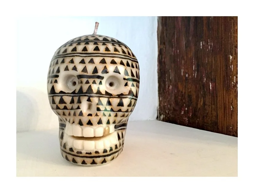 wax paraffin candle mexico artisan toluca hand dipped hand painted collaboration iconography aztec body painting puebla talavera pottery blue white floral burgundy pop art contemporary craft codex prehispanic mexchic