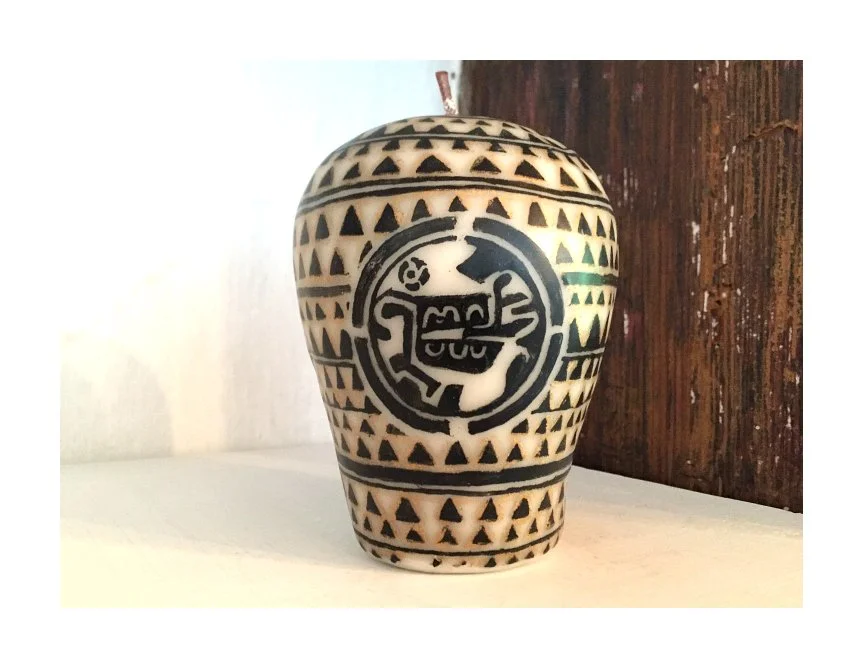 wax paraffin candle mexico artisan toluca hand dipped hand painted collaboration iconography aztec body painting puebla talavera pottery blue white floral burgundy pop art contemporary craft codex prehispanic mexchic